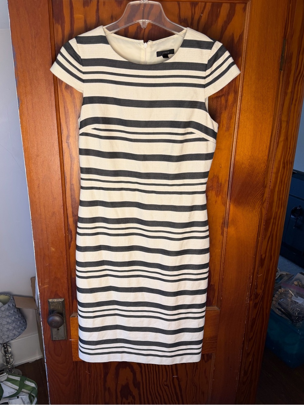 J. Crew Black & Cream Striped Sheath Midi Dress